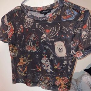 Ed Hardy Floral Graphic Top - Red and Gray